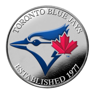 A picture of a 1 oz Toronto Blue Jays Colourized .999 Pure Silver Round